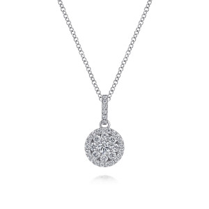 Gabriel & Co. NK3037W45JJ 14 karat white gold Lusso necklace, front view of the round cluster disc and the straight bail set with a row of diamonds