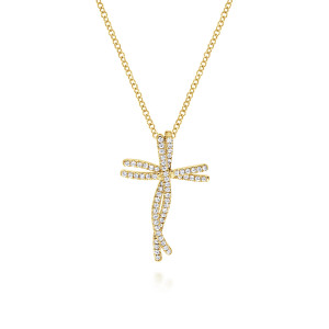 Gabriel & Co. NK3293Y45JJ 14 karat yellow gold Lusso necklace, front view of the cross with doubled ribbon arms of pave set diamonds