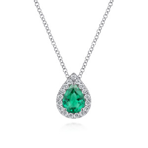 Gabriel & Co. NK3603W45EA 14 karat white gold Color necklace, front view of the green pear shaped stone inside its teardrop row of colorless diamonds