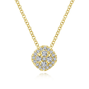 Gabriel & Co. NK3798Y45JJ 14 karat yellow gold Lusso necklace, front view of the cushion shaped cluster with larger stones ringed by smaller ones