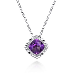 Gabriel & Co. NK3816SVJAM sterling silver Bujukan necklace, front view of the purple stone set on its point in a bezel with a beaded rim