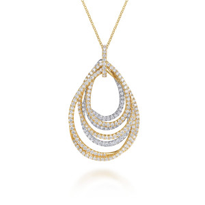 Gabriel & Co. NK4034M84JJ 18 karat white and yellow gold Lusso necklace, front view of the nested diamond edged teardrop loops and the stone set bail above
