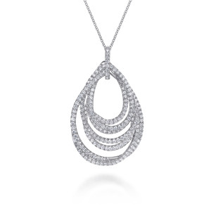 Gabriel & Co. NK4034W84JJ 18 karat white gold Lusso necklace, front view of the nested teardrop loops, the diamond covered bail and the open gaps between loops