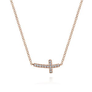 Gabriel & Co. NK4345K45JJ 14 karat rose gold Lusso necklace, front view of a sideways cross with a curved crossbar and a line of prong set stones