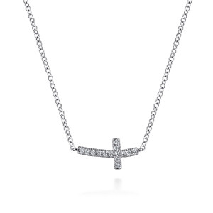 Gabriel & Co. NK4345W45JJ 14 karat white gold Lusso necklace, front view of the curved bar and short upright crossing it, joined to the chain at both ends