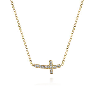 Gabriel & Co. NK4345Y45JJ 14 karat yellow gold Lusso necklace, front view of the sideways cross with a line of diamonds on each arm