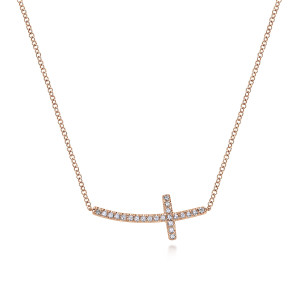 Gabriel & Co. NK4346K45JJ 14 karat rose gold Lusso necklace, front view of the curved sideways cross with one row of prong set stones on each arm