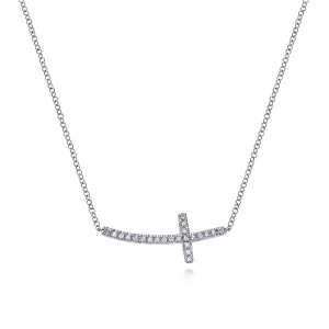 Gabriel & Co. NK4346W45JJ 14 karat white gold Lusso necklace, front view of the curved pave bar crossed by an upright arm of diamonds