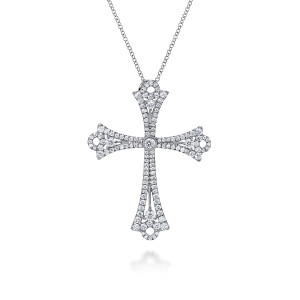 Gabriel & Co. NK4360W84JJ 18 karat white gold Victorian necklace, front view of the flared cross arms edged in pave diamonds with open circle tips