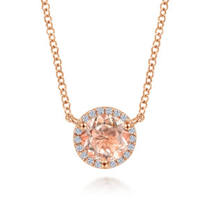 Gabriel & Co. NK4616K45MO 14 karat rose gold Color necklace, front view of the peach pink stone held by prongs inside its diamond ring