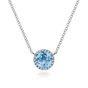 Gabriel & Co. NK4616W45BT 14 karat white gold Color necklace, front view of the blue round stone and diamond halo joined to the chain at both sides
