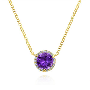 Gabriel & Co. NK4616Y45AM 14 karat yellow gold Color necklace, front view of prongs holding a round purple stone inside a ring of colorless diamonds