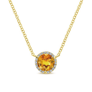 Gabriel & Co. NK4616Y45CT 14 karat yellow gold Color necklace, front view of an amber orange stone with a diamond halo joined to the chain at both sides