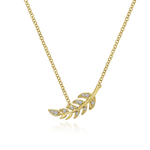 Gabriel & Co. NK4627Y45JJ 14 karat yellow gold Lusso necklace, front view of the slanted leaf branch with small diamonds set in beaded edged leaves