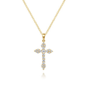 Gabriel & Co. NK4811Y45JJ 14 karat yellow gold Lusso necklace, front view of a diamond cross with flared clusters at each arm end and a tubular bail