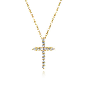Gabriel & Co. NK4816Y45JJ 14 karat yellow gold Lusso necklace, front view of the cross made of one line of round diamonds with beads between prongs