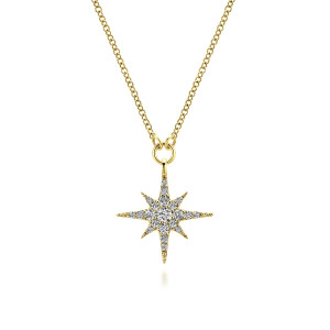 Gabriel & Co. NK4847Y45JJ 14 karat yellow gold Kaslique necklace, front view of the starburst with its round main stone, tapered rays and ring bail