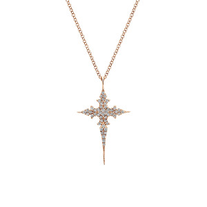 Gabriel & Co. NK4875K45JJ 14 karat rose gold Kaslique necklace, front view of the needle pointed cross, its extended lower arm and clustered diamonds