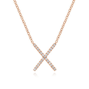 Gabriel & Co. NK4941K45JJ 14 karat rose gold DKMS necklace, front view of the two crossed bars with their lines of prong set diamonds