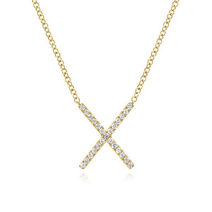 Gabriel & Co. NK4941Y45JJ 14 karat yellow gold DKMS necklace, front view of two diamond lined bars crossing at one diamond, joined straight to the chain