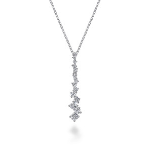 Gabriel & Co. NK4970W44JJ 14 karat white gold Lusso necklace, front view of the staggered drop with stones growing larger toward the bottom