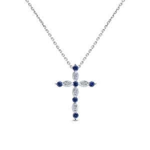 Gabriel & Co. NK4984W45SA 14 karat white gold Color necklace, front view of the cross with blue round stones at each arm tip and milgrain marquise frames