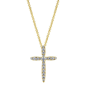 Gabriel & Co. NK5004Y45JJ 14 karat yellow gold Lusso necklace, front view of the tapered cross, its single row of prong set stones and the larger crossing stone