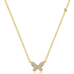 Gabriel & Co. NK5201Y45JJ 14 karat yellow gold Lusso necklace, front view of the pave butterfly and the bezel set round stone riding on the chain