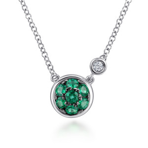 Gabriel & Co. NK5240SV5EA sterling silver Color necklace, front view of a round green stone cluster with a bezel set diamond on the chain