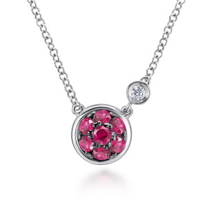 Gabriel & Co. NK5240SV5RB sterling silver Color necklace, front view of a disc of pinkish red stones with a tiny bezel diamond beside it