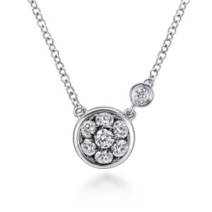 Gabriel & Co. NK5240SV5WS sterling silver Color necklace, front view of the round diamond cluster in a polished rim with a bezel diamond beside it