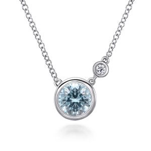 Gabriel & Co. NK5241SV5AQ sterling silver Color necklace, front view of the light blue bezel stone and the diamond linked in at its right