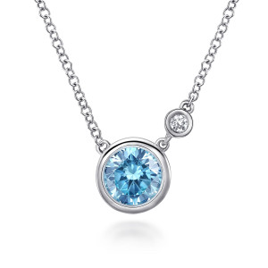 Gabriel & Co. NK5241SV5BT sterling silver Color necklace, front view of the blue bezel stone and the offset bezel diamond on its brief link