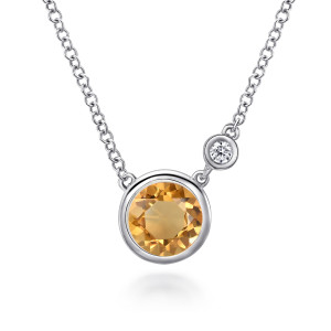 Gabriel & Co. NK5241SV5CT sterling silver Color necklace, front view of the yellow stone in a polished bezel with the diamond bezel linked at its right