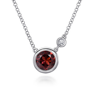 Gabriel & Co. NK5241SV5GN sterling silver Color necklace, front view of the red faceted stone and the diamond connector joining it to the chain