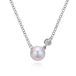 Gabriel & Co. NK5242SV5PL sterling silver Contemporary necklace, front view of the centered pearl with a bezel set diamond joined in line beside it