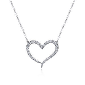 Gabriel & Co. NK5265W45JJ 14 karat white gold Lusso necklace, front view of the open heart with its curled lower tail and diamond line