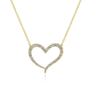 Gabriel & Co. NK5265Y45JJ 14 karat yellow gold Lusso necklace, front view of the open heart outline with graduated stones and a curled tip