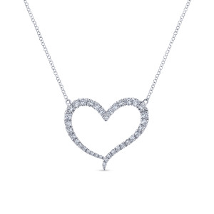 Gabriel & Co. NK5266W45JJ 14 karat white gold Lusso necklace, front view of the open heart with its curled lower tip, joined at both upper corners