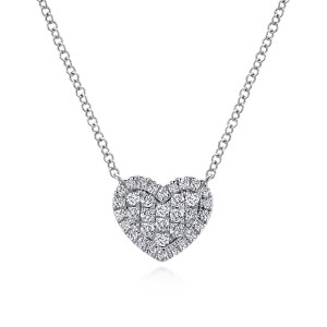 Gabriel & Co. NK5267W45JJ 14 karat white gold Lusso necklace, front view of a heart with an outer border of small stones around inner columns of larger stones