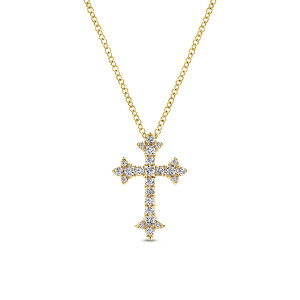 Gabriel & Co. NK5273Y45JJ 14 karat yellow gold Victorian necklace, front view of the cross with flared trefoil tips and a line of stones along each arm
