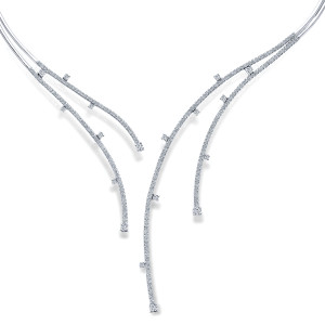 Gabriel & Co. NK5276W44JJ 14 karat white gold Kaslique necklace, front view of the swept pave arms and the prong set round diamonds