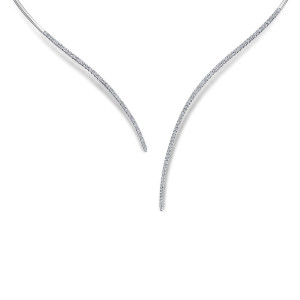Gabriel & Co. NK5277W45JJ 14 karat white gold Kaslique necklace, front view of the two curved ends lined with small diamonds and pointed tips