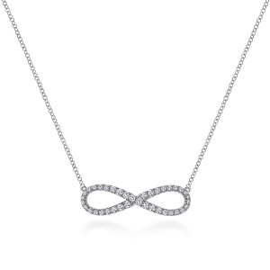 Gabriel & Co. NK5290W45JJ 14 karat white gold Lusso necklace, front view of the open infinity loop with its stones along both lobes