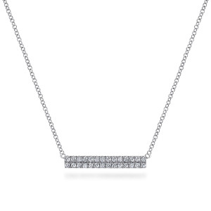 Gabriel & Co. NK5320W45JJ 14 karat white gold Lusso necklace, front view of the straight bar with its two rows of pave set round stones