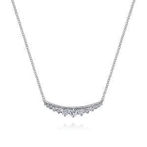 Gabriel & Co. NK5322W45JJ 14 karat white gold Kaslique necklace, front view of the curved bar with its largest round stones at the center