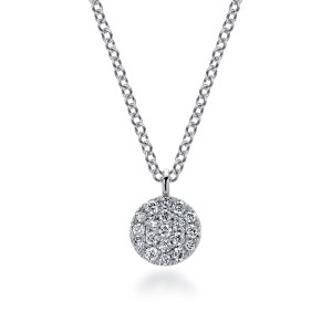 Gabriel & Co. NK5332W45JJ 14 karat white gold Lusso necklace, front view of the pave diamond disc with its small loop and round cable links