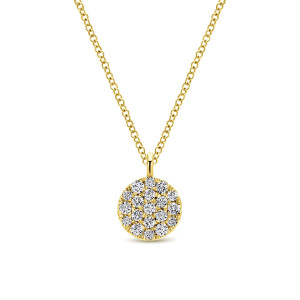 Gabriel & Co. NK5332Y45JJ 14 karat yellow gold Lusso necklace, front view of the round diamond cluster and its small upright loop