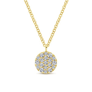 Gabriel & Co. NK5333Y45JJ 14 karat yellow gold Lusso necklace, front view of the round diamond disc on a cable chain with its loop bail