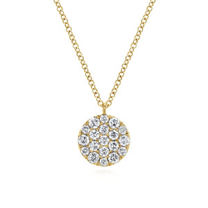 Gabriel & Co. NK5334Y45JJ 14 karat yellow gold Lusso necklace, front view of a round disc covered in a cluster of mixed size diamonds